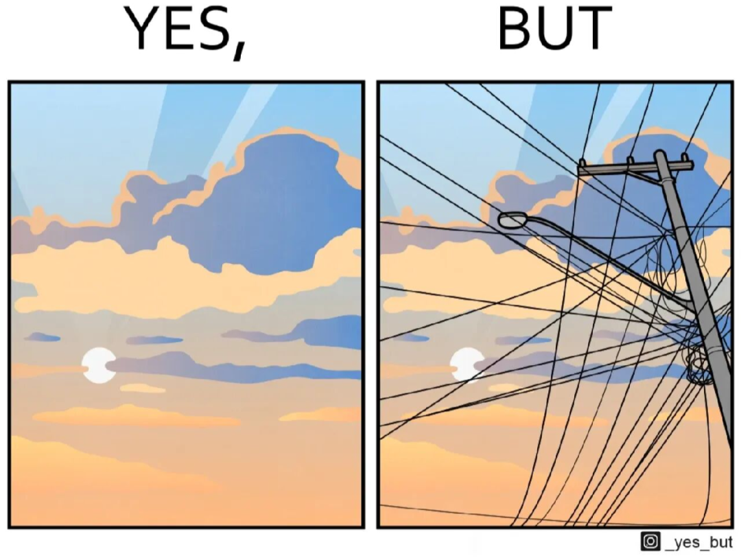 理想中美景与现实环境中电线干扰的对比漫画