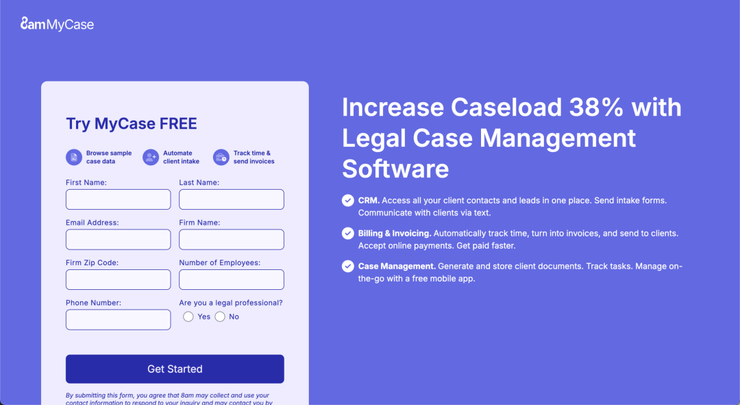 MyCase法律案件管理软件注册与功能展示页面