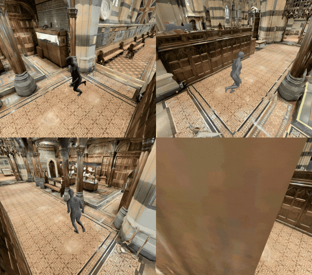 教堂大厅3D场景中人形模型运动的动画测试帧