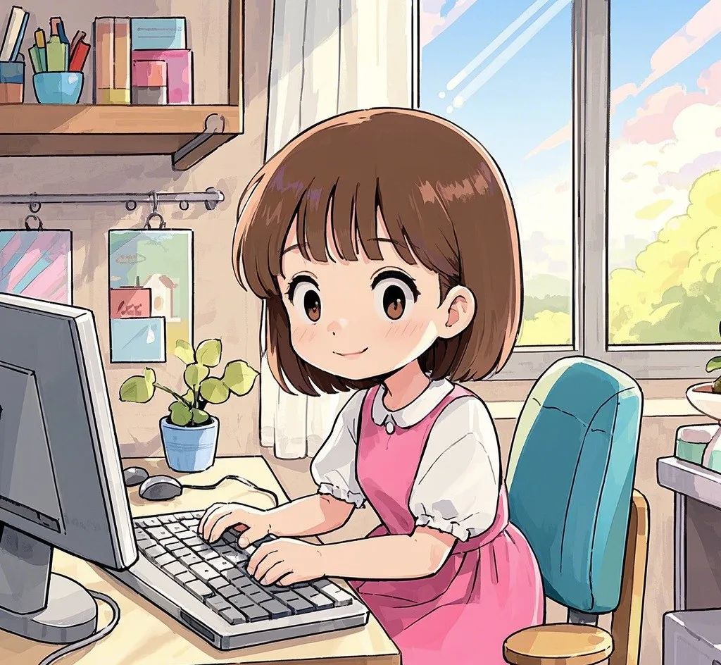 动漫女孩在书桌前使用电脑