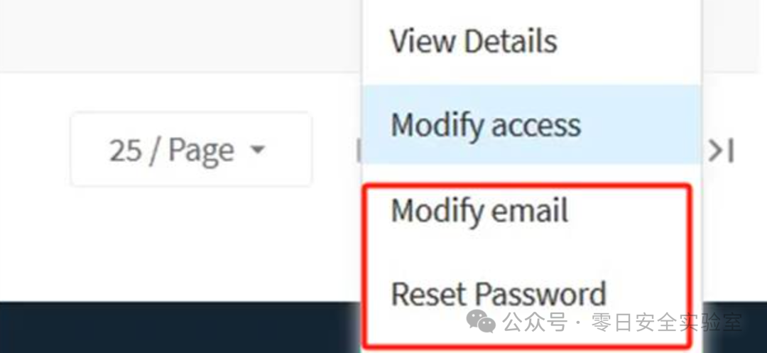 用户管理下拉菜单出现Modify email和Reset Password选项