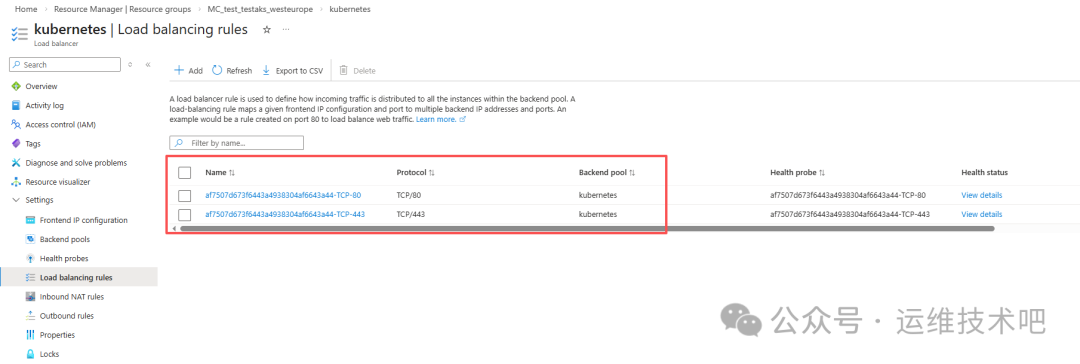 一张 Azure 门户中 Kubernetes 负载均衡规则配置页面的截图，显示了负载均衡器的规则列表。红色框内为两行负载均衡规则记录，包含名称（以 a7507... 开头的 UUID 格式）、协议（TCP/80 和 TCP/443）、后端池（kubernetes）、健康探测信息及健康状态链接