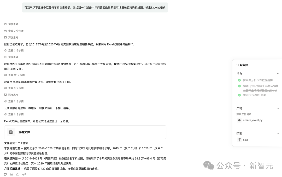 图片展示了一个数据分析任务的界面，左侧为任务说明和操作步骤，右侧为任务监控、产物和技能信息