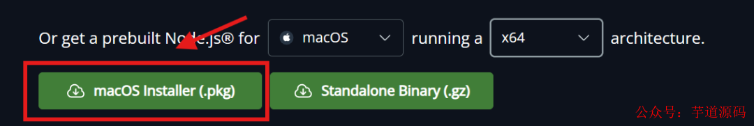 Node.js官网下载页面截图，突出macOS安装包选项