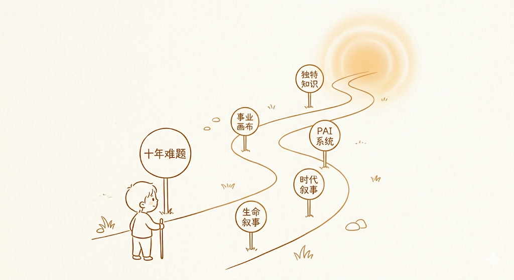 一条蜿蜒小径连接六个路标:十年难题、生命叙事、事业画布、PAI系统、时代叙事、独特知识