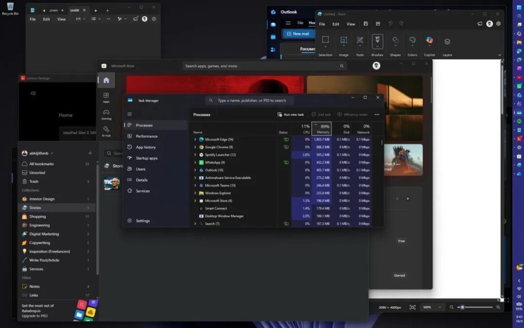 Windows 11 26H2 压力测试下多任务窗口内存占用情况