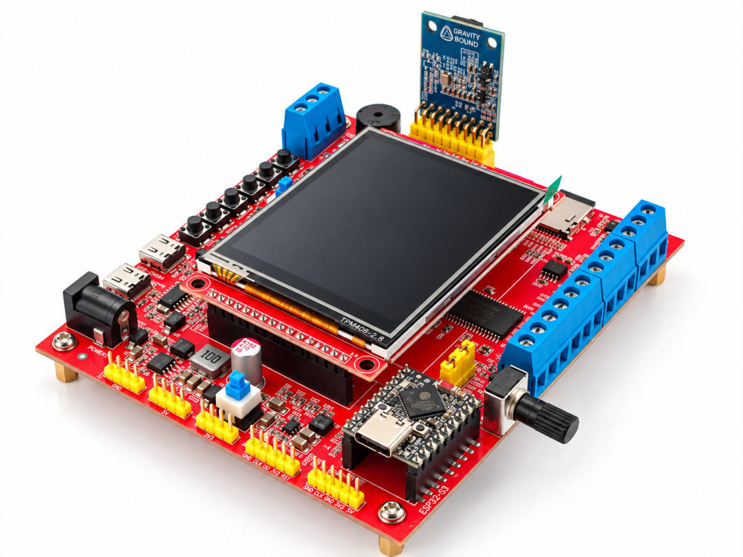STM32H743 TinyML开发板特写,集成ESP32-S3模块、LCD触摸屏、麦克风模块和扩展端子