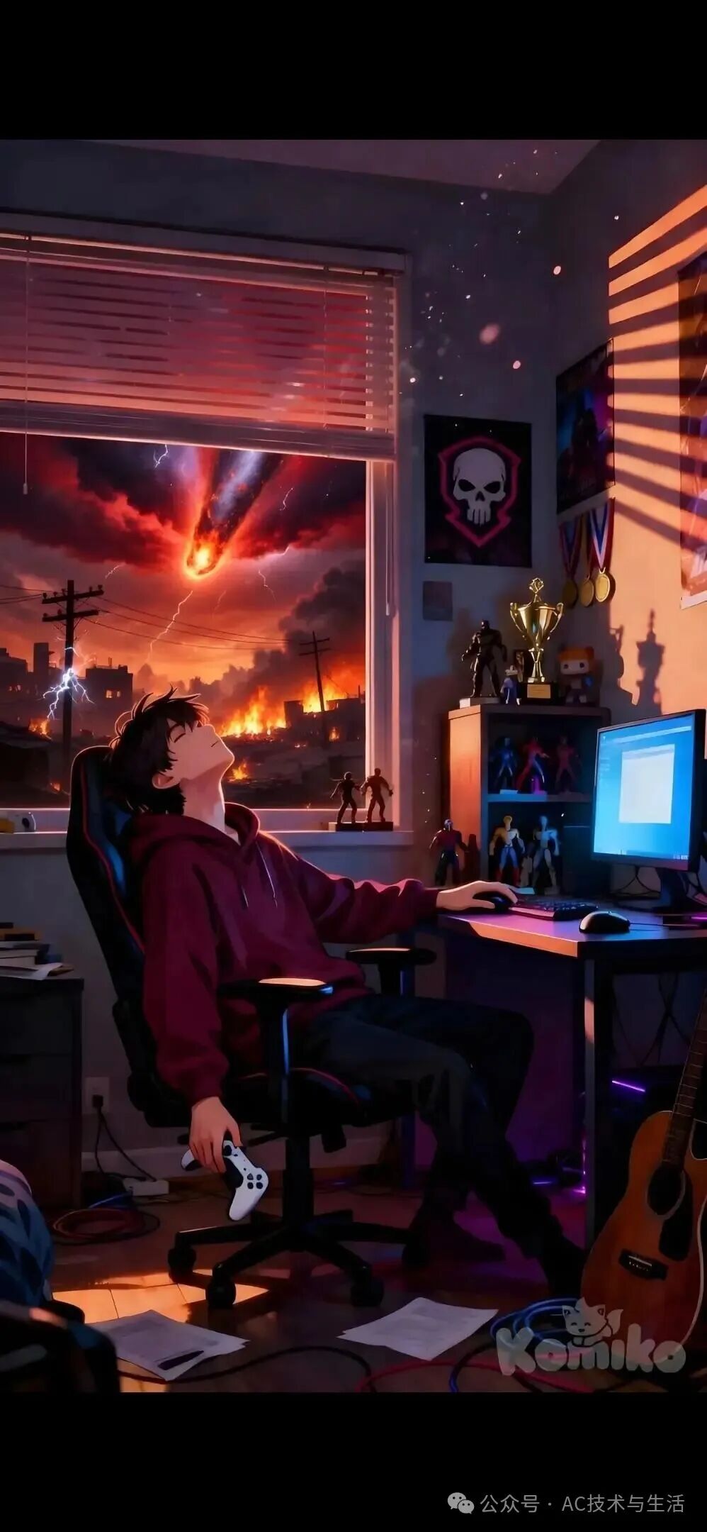 一位程序员在房间内望向窗外的末日景象