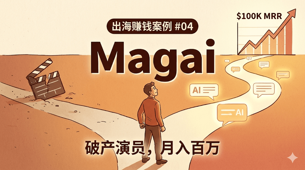 Magai品牌插画:一位创业者站在分岔路口,一侧是破碎的梦想,另一侧通向AI与增长的未来