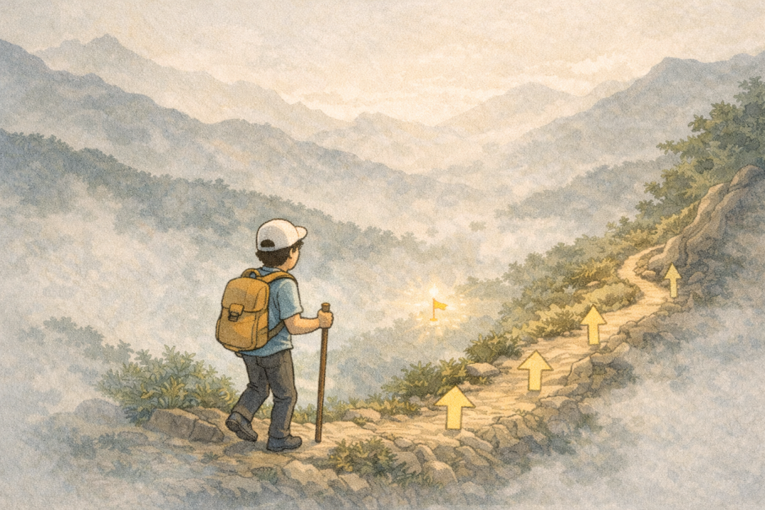 登山者沿着陡峭石阶攀登，象征梯度下降的优化过程