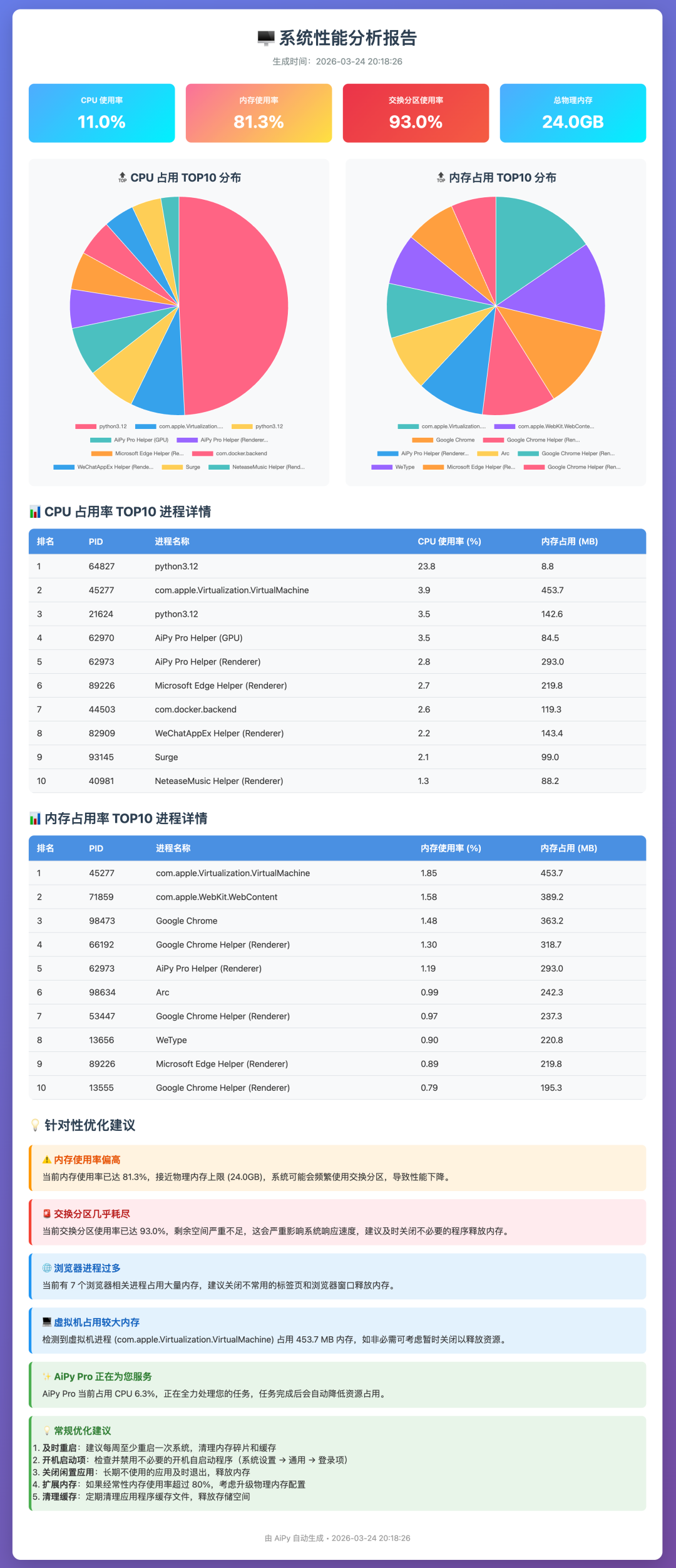系统性能分析报告截图:包含CPU/内存饼图及进程详情列表
