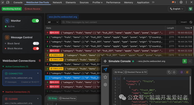 WebSocket连接详情与消息监控界面