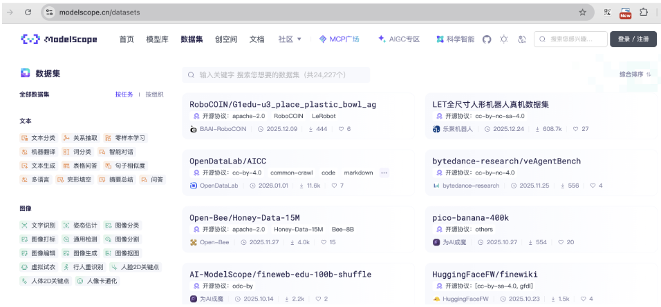 ModelScope数据集页面截图:RoboCOIN、OpenDataLab/AICC、Open-Bee/Honey-Data-15M等数据集列表