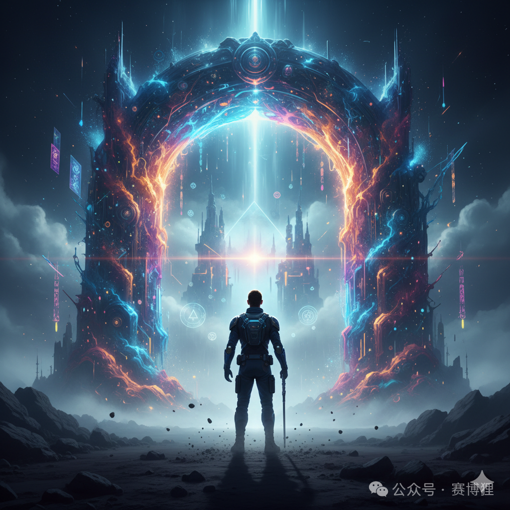 凝视科幻能量拱门的未来装甲战士