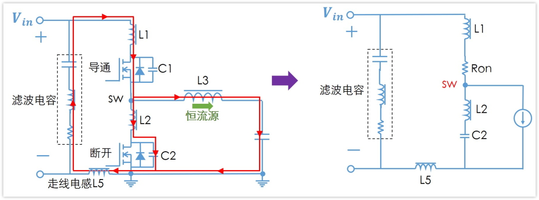 上管导通瞬间，用于分析上尖峰的简化等效电路
