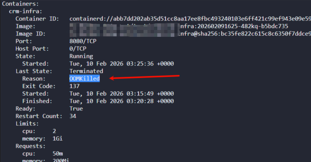 显示容器因OOMKilled而终止的终端详情