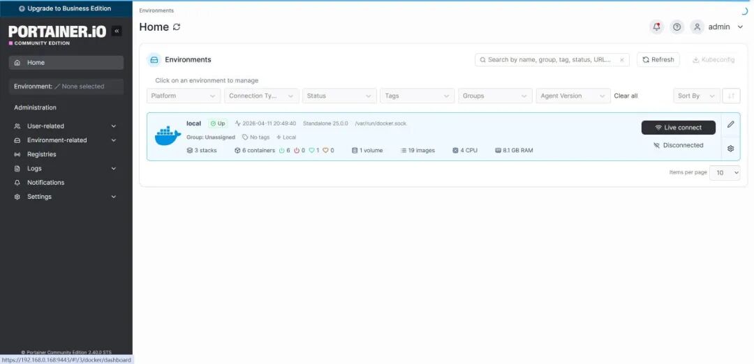 Portainer环境管理首页