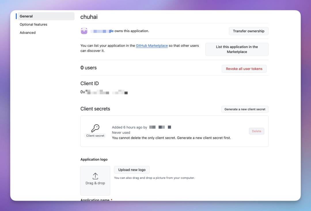 OAuth 应用详情页，展示 Client ID 和 Client Secret 管理区域