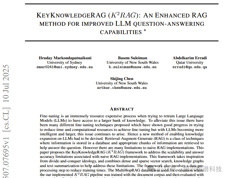 K²RAG论文封面:KEYKNOWLEDGERAG (K²RAG): AN ENHANCED RAG METHOD FOR IMPROVED LLM QUESTION-ANSWERING CAPABILITIES