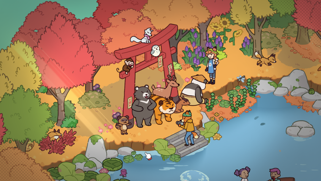 色彩丰富的秋日神社庭院卡通场景