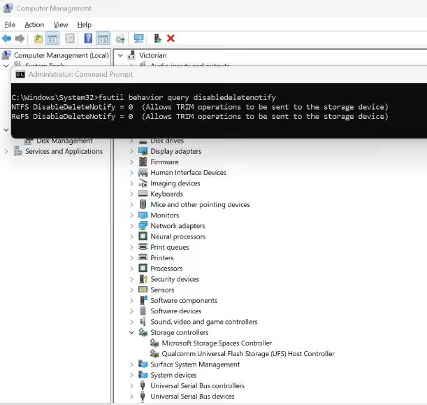 计算机管理界面显示TRIM查询命令结果