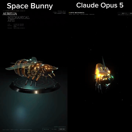 Space Bunny 与 Claude Opus 5 机械蜜蜂 3D 渲染对比