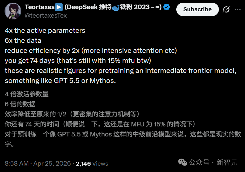 推文截图：预训练中间前沿模型的算力估算
