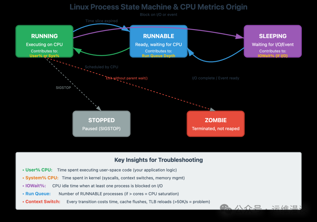 Linux进程状态机与CPU指标来源示意图