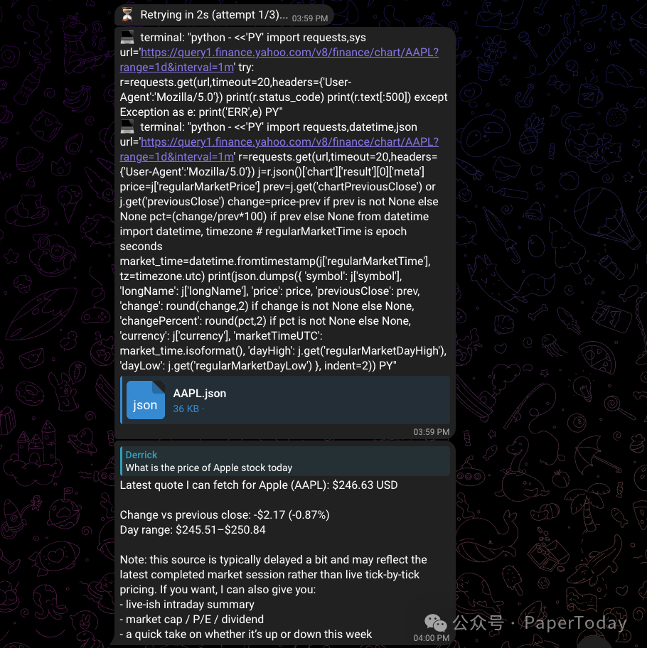 通过Telegram与Hermes Agent对话查询股价的示例