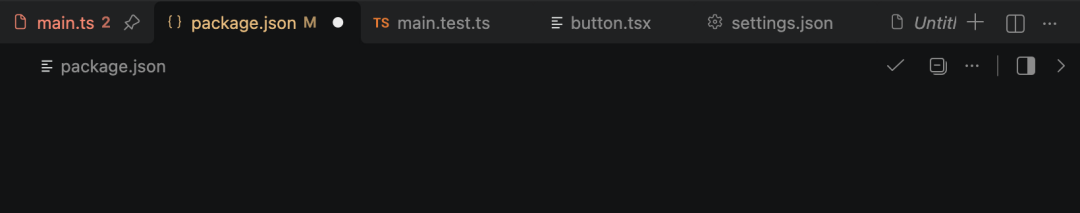 VSCode 侧边栏标签栏,显示 main.ts、package.json、button.tsx 等多个文件标签