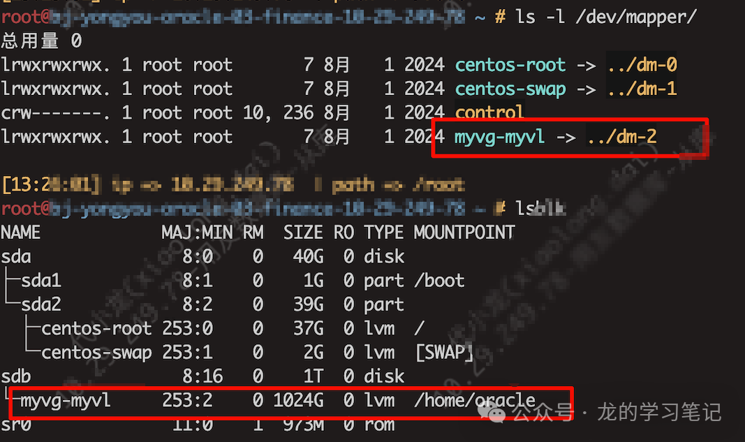 使用lsblk命令确认dm-2设备对应/home/oracle目录
