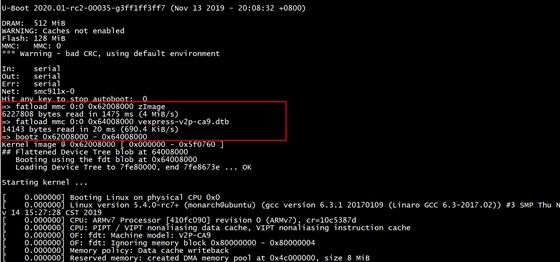 U-Boot 通过 bootz 命令加载并启动 Linux 内核的日志