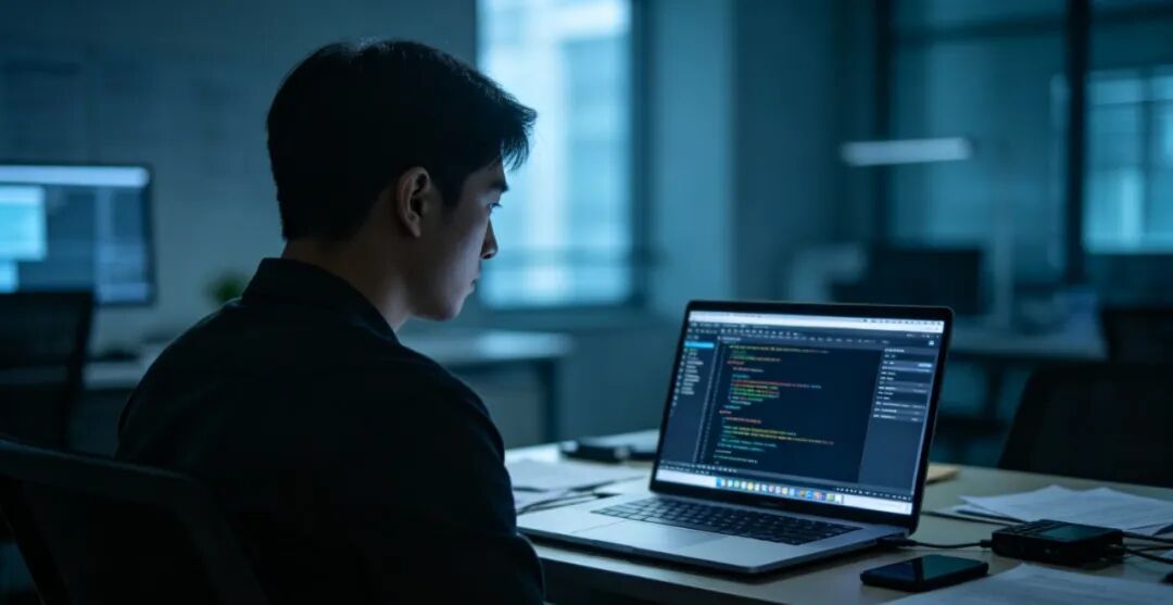 开发者深夜在电脑前工作的背影