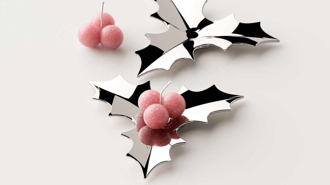 银色金属冬青叶造型装饰品与粉红果实