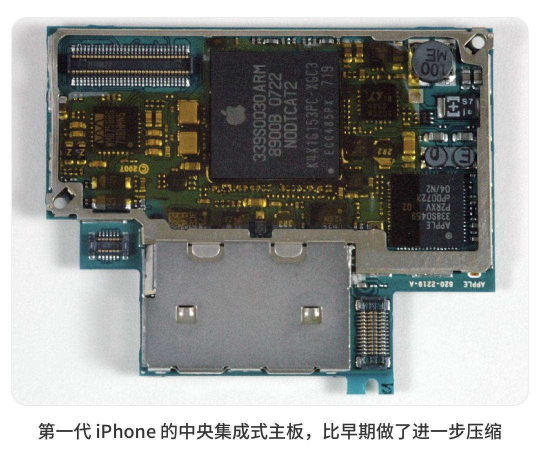 第一代 iPhone 的中央集成式主板，比早期做了进一步压缩
