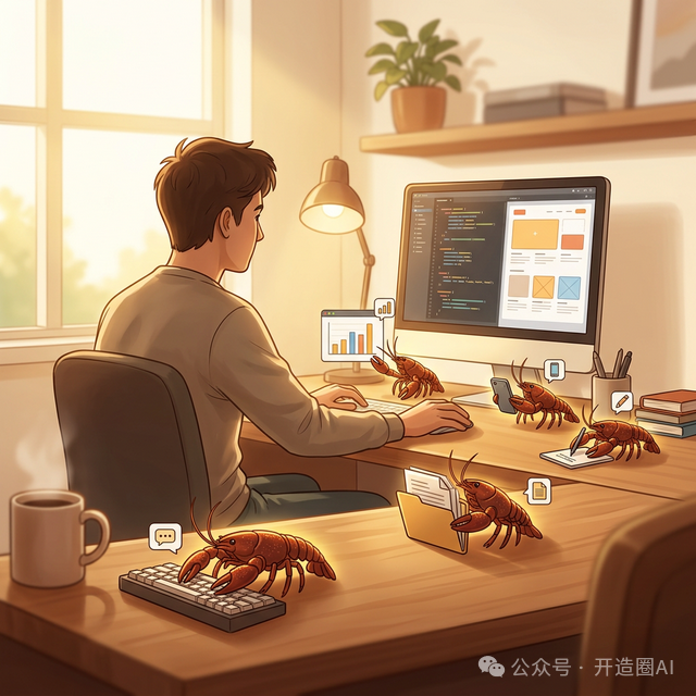 描绘AI龙虾程序员的幽默插画