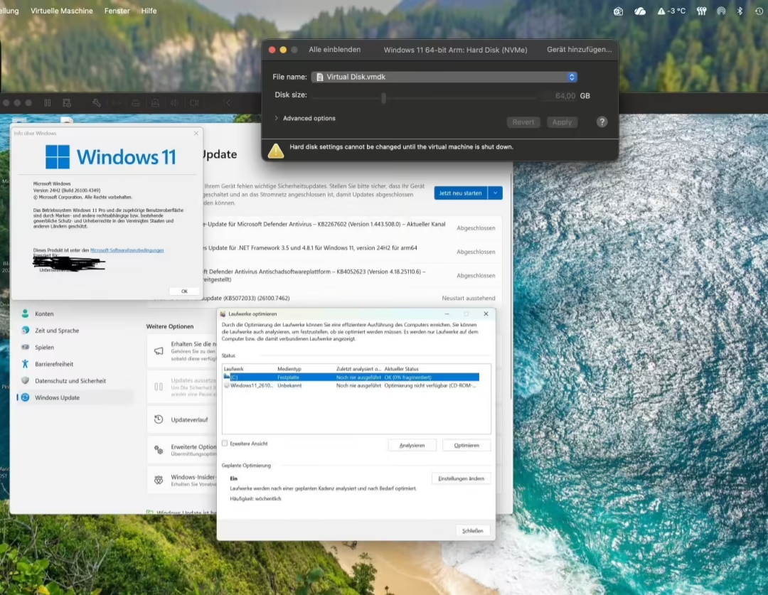 虚拟机中Windows更新与磁盘设置界面