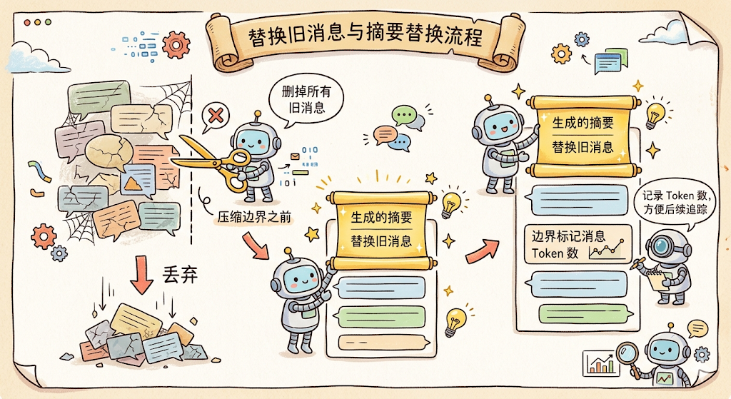 一张手绘风格的流程图,主题为‘替换旧消息与摘要替换流程’,顶部有卷轴标题。画面左侧展示多个破碎、缠绕蜘蛛网的对话气泡,象征旧消息;中间偏左一个机器人手持剪刀,旁有‘删掉所有旧消息’和‘压缩边界之前’字样,下方箭头指向一堆被丢弃的纸片,标注‘丢弃’;中央有两个卷轴,分别写着‘生成的摘要 替换旧消息’,由不同机器人操作;右侧区域有三个机器人:上方机器人举着卷轴;中间机器人记录‘边界标记消息 Token 数’并附图表;右下角机器人持放大镜观察数据图表;画面散布齿轮、灯泡、云朵等装饰元素,整体色调柔和,以米黄为底色,呈现AI处理消息与摘要的流程示意。