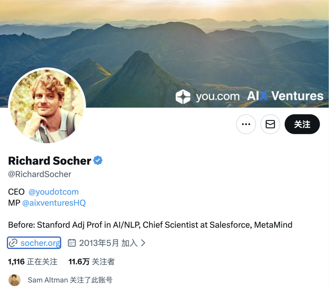 Richard Socher的X个人主页截图，展示其CEO兼AI领域研究者的背景信息