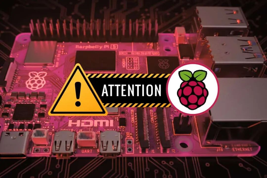 Raspberry Pi 5 电路板特写与警告标志