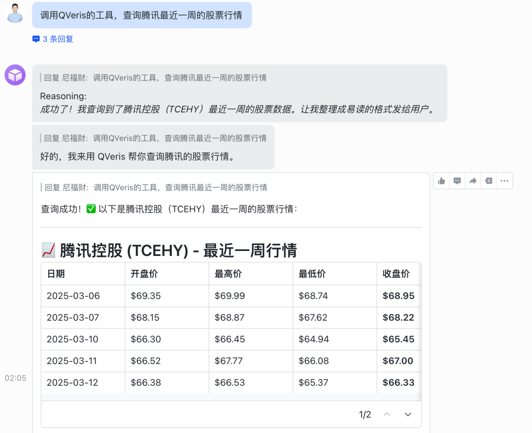Kimi Claw调用QVeris工具成功查询腾讯股票行情并返回表格