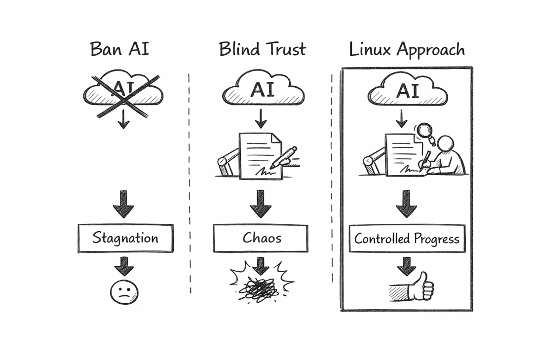 对AI的三种态度对比：禁用、盲目信任与Linux的受控使用