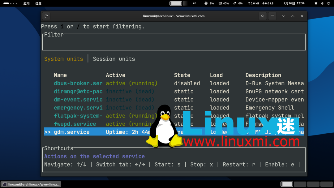 systemd-manager-tui显示的系统服务详情列表