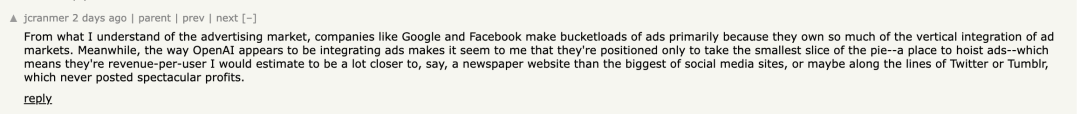 关于OpenAI广告收入预期的分析评论截图