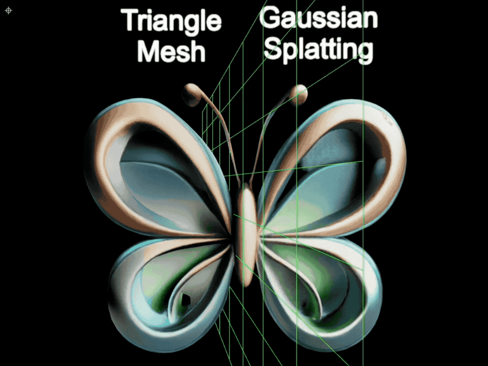 三角形网格与高斯散射渲染下的蝴蝶3D模型对比图