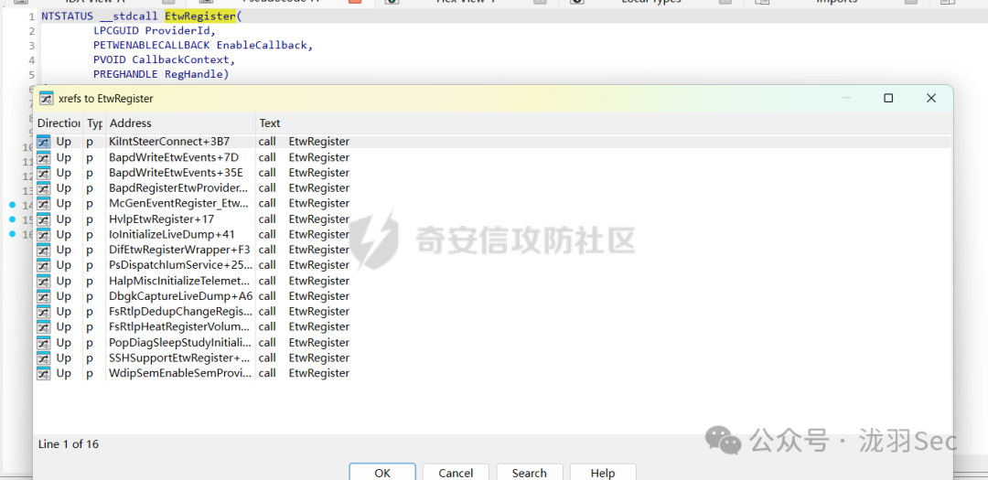 IDA中查看EtwRegister函数的交叉引用