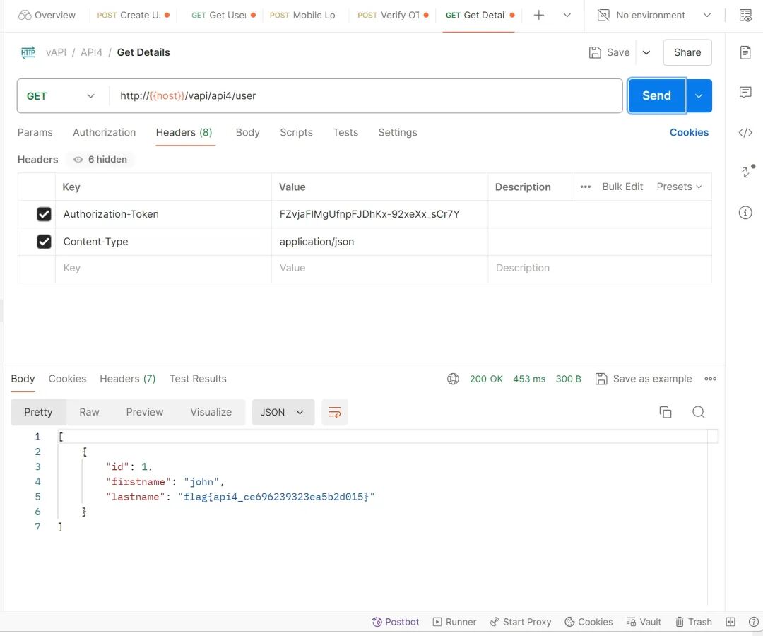 使用正确OTP获取key后，成功请求到用户详情（含flag）