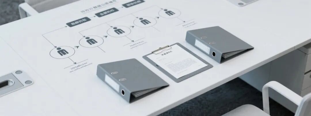 现代办公桌俯视图,桌面散落流程图文件