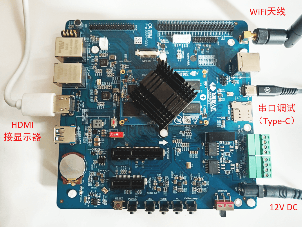 飞凌嵌入式FETMX6ULL-C开发板接口标注:WiFi天线、HDMI、串口调试、12V DC