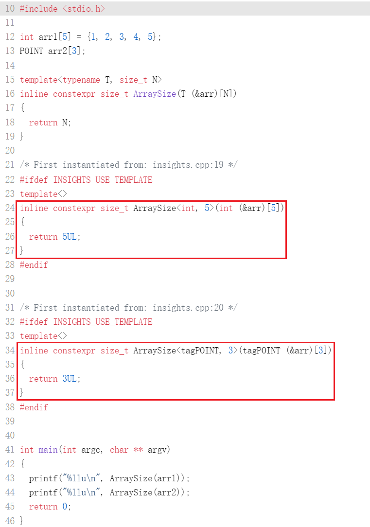 C++ Insights展示ArraySize模板函数被多次实例化的截图